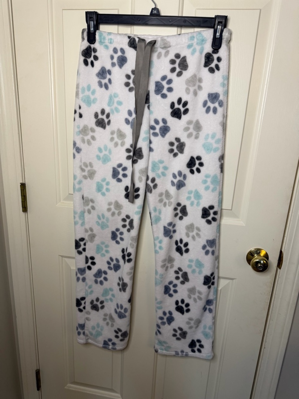 Women's White Fleece Pajama Pants with Paw Print